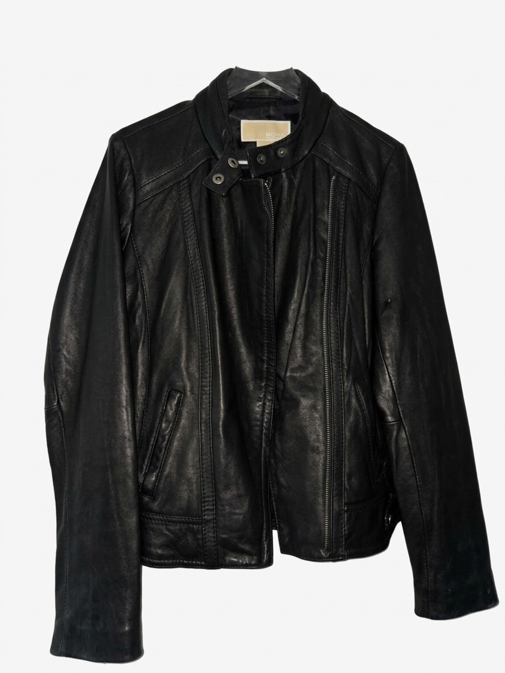 Michael Kors Black Leather Moto Jacket with Snap Collar
